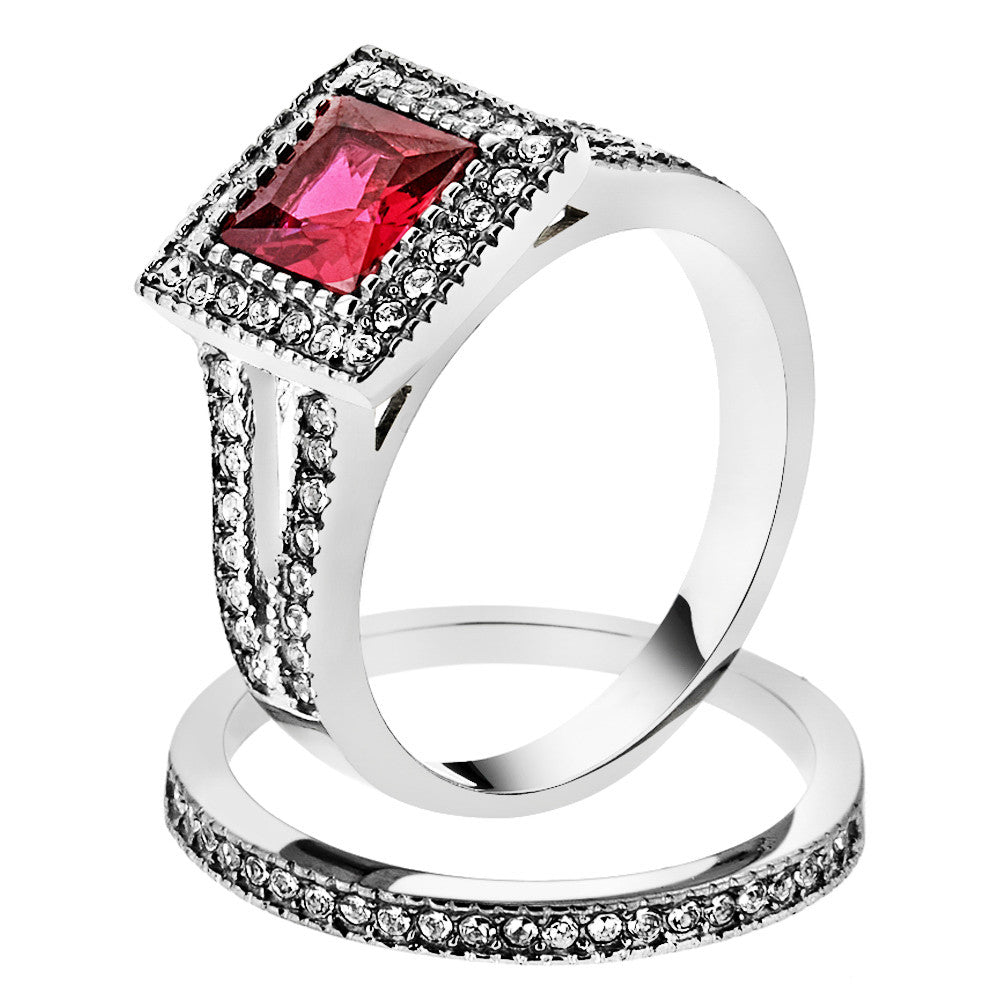 ARTK2293 Stainless Steel 1.64 Ct Princess Cut Ruby Zirconia Halo Wedding Ring Set Sz 5-10